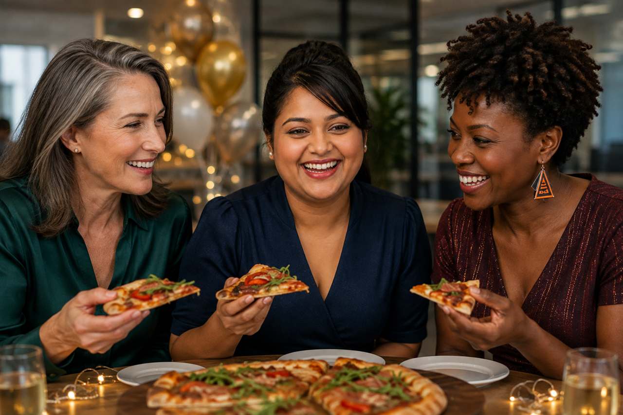 Ananya sharing pizza with colleagues