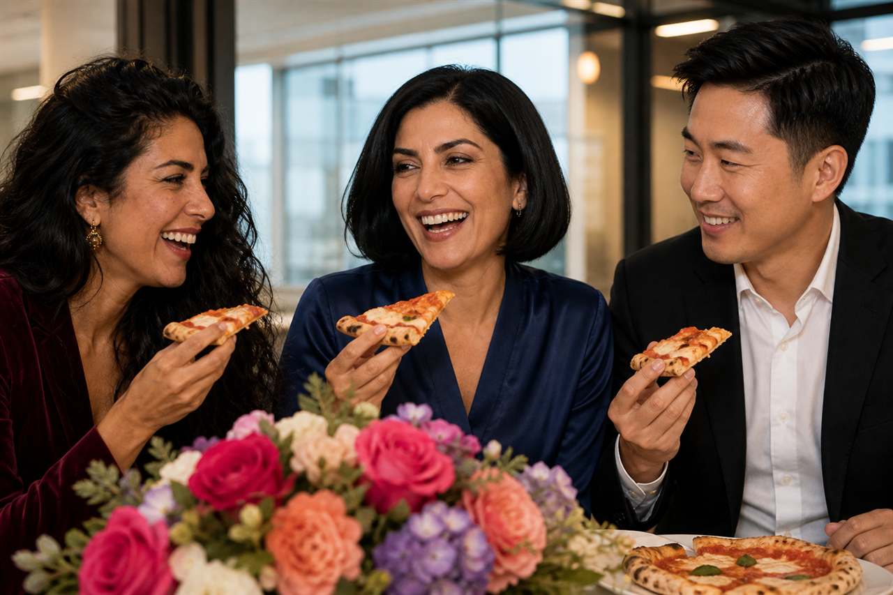 Layla sharing pizza with colleagues